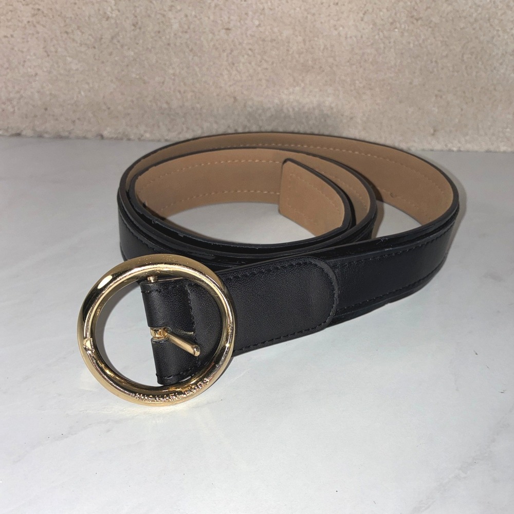 Michael Kors Black Leather Belt - M - Round Gold Buckle Classic Designer
